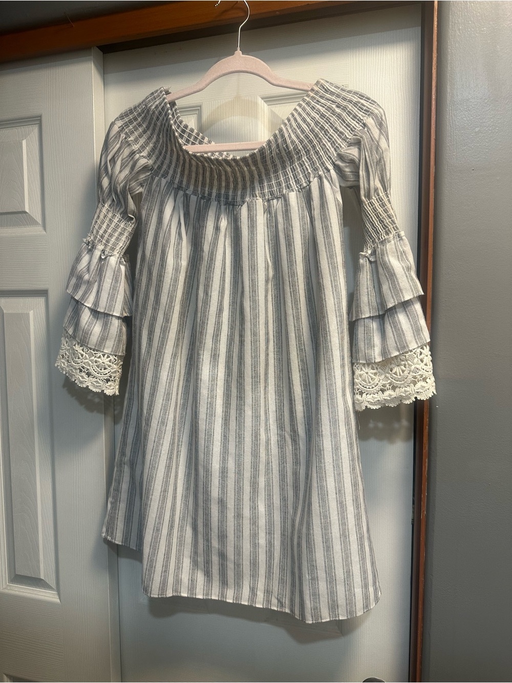 Vava by Joy Han Blue and White Striped Off-Shoulder Dress with Lace Cuffs